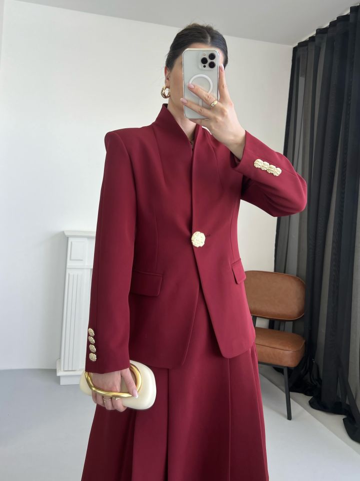 Bordo Gold Düğme Detay Blazer Ceket