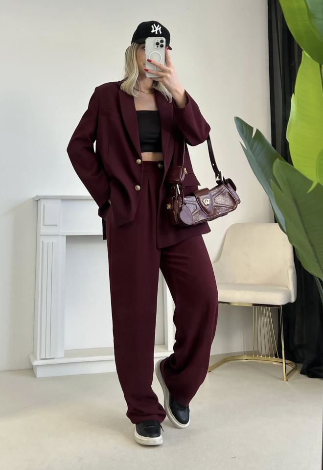 Bordo Gold Düğme Detay Blazer Ceket Pantolon Takım