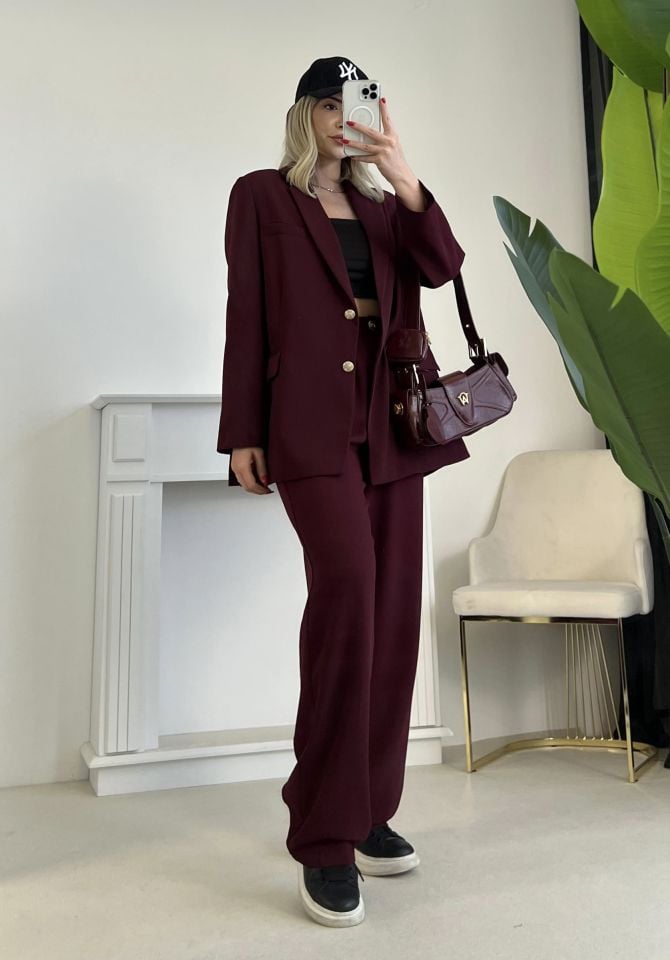 Bordo Gold Düğme Detay Blazer Ceket Pantolon Takım
