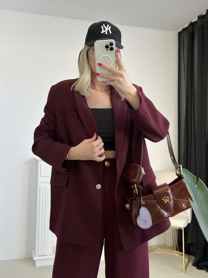 Bordo Gold Düğme Detay Blazer Ceket Pantolon Takım