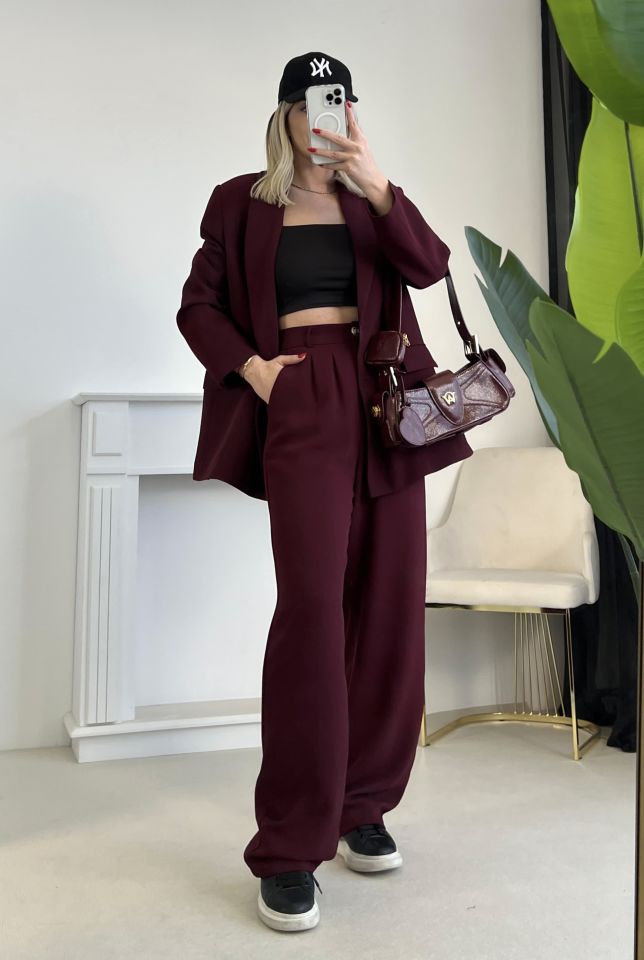 Bordo Gold Düğme Detay Blazer Ceket Pantolon Takım