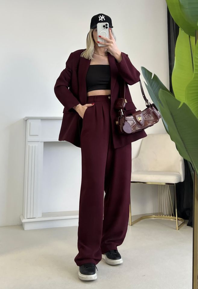 Bordo Gold Düğme Detay Blazer Ceket Pantolon Takım