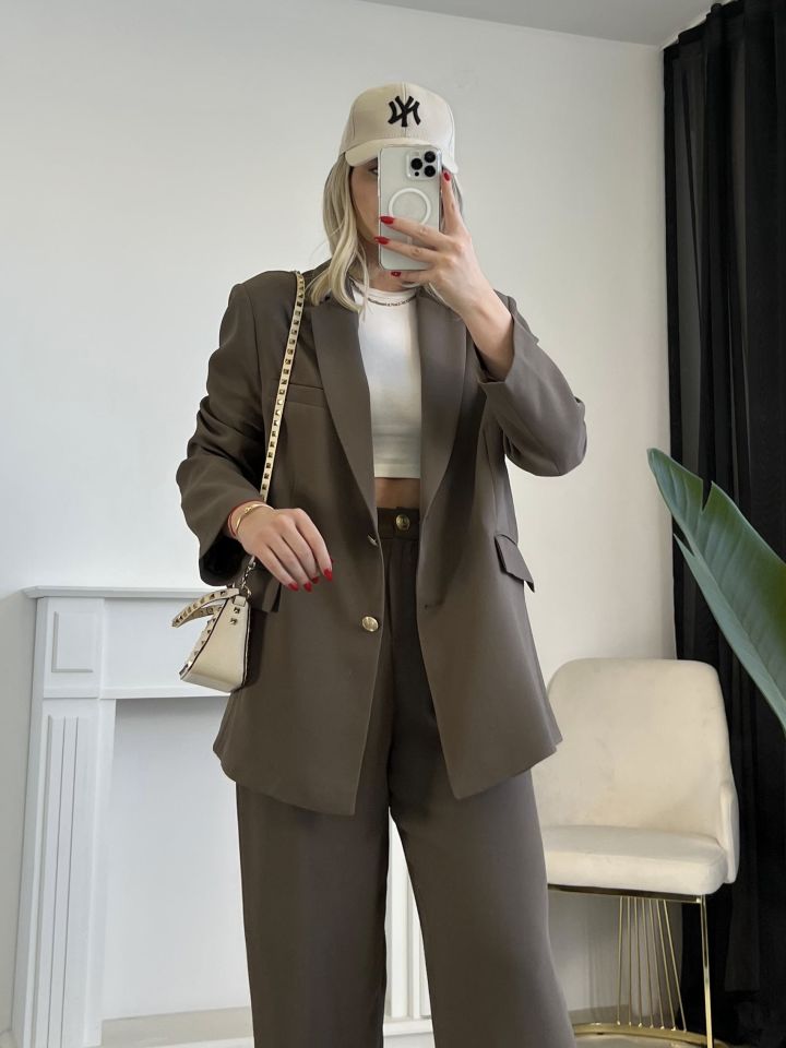 Vizon Gold Düğme Detay Blazer Ceket Pantolon Takım