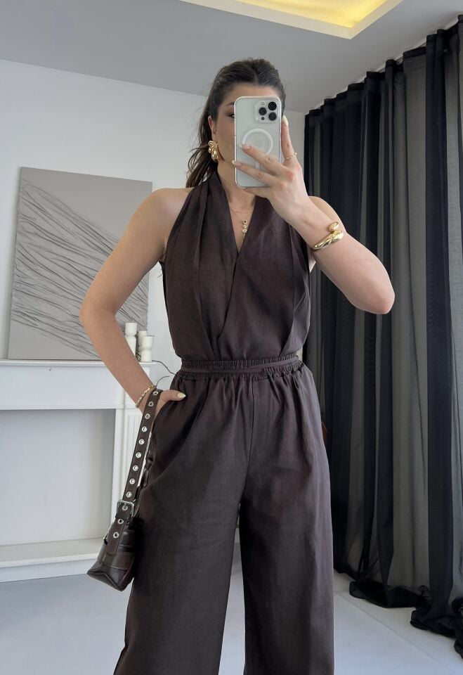 Helen Yaka Ham Keten Kahve Takım