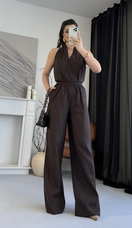 Helen Yaka Ham Keten Kahve Takım