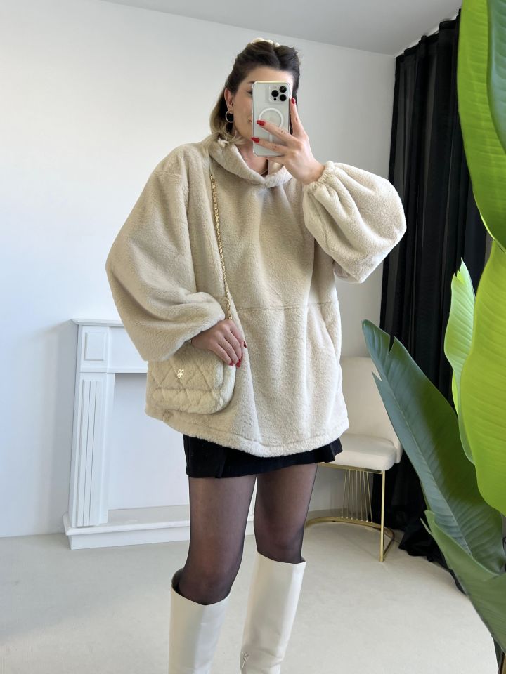 Taş Kapüşonlu Peluş Sweatshirt