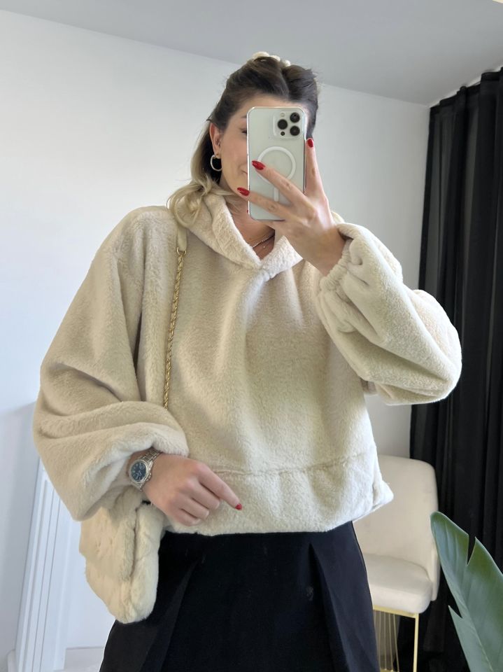 Taş Kapüşonlu Peluş Sweatshirt