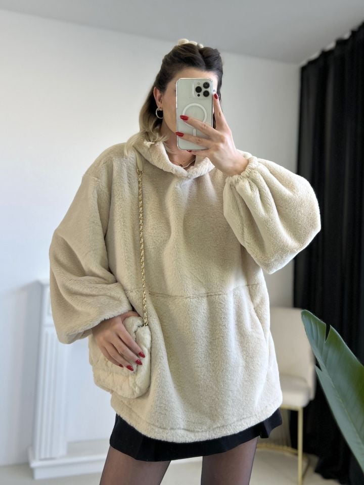 Taş Kapüşonlu Peluş Sweatshirt