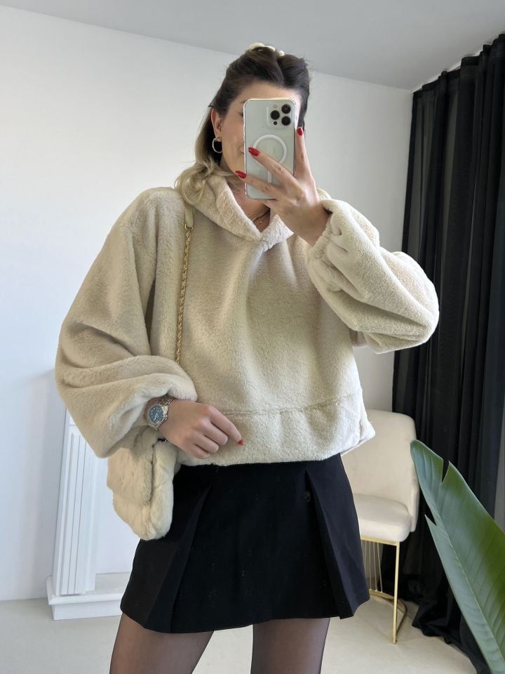 Taş Kapüşonlu Peluş Sweatshirt