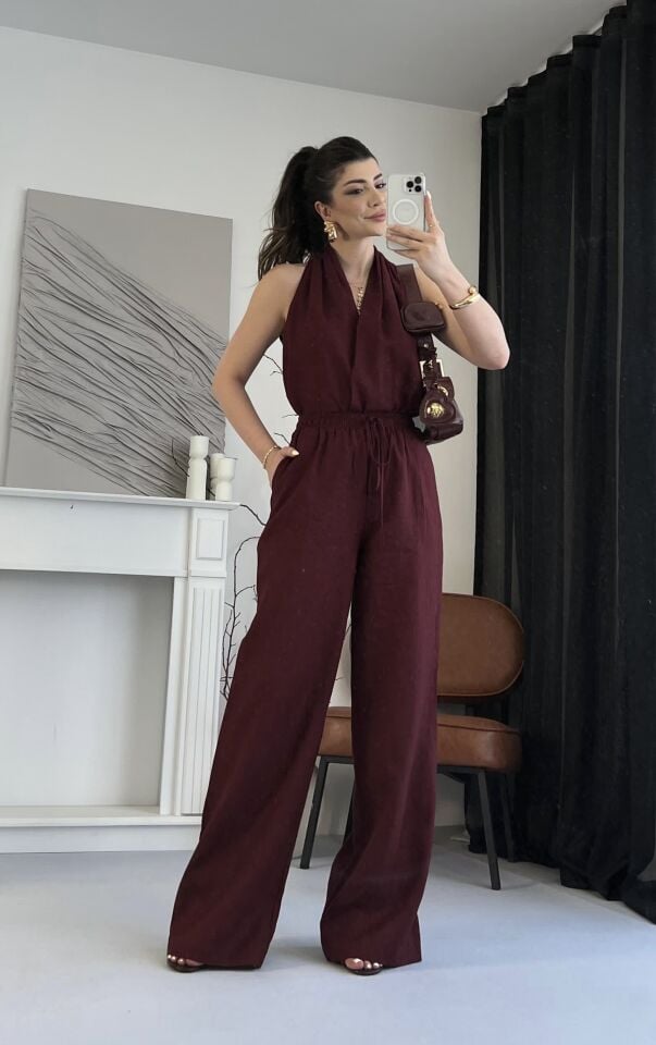 Helen Yaka Ham Keten Bordo Takım