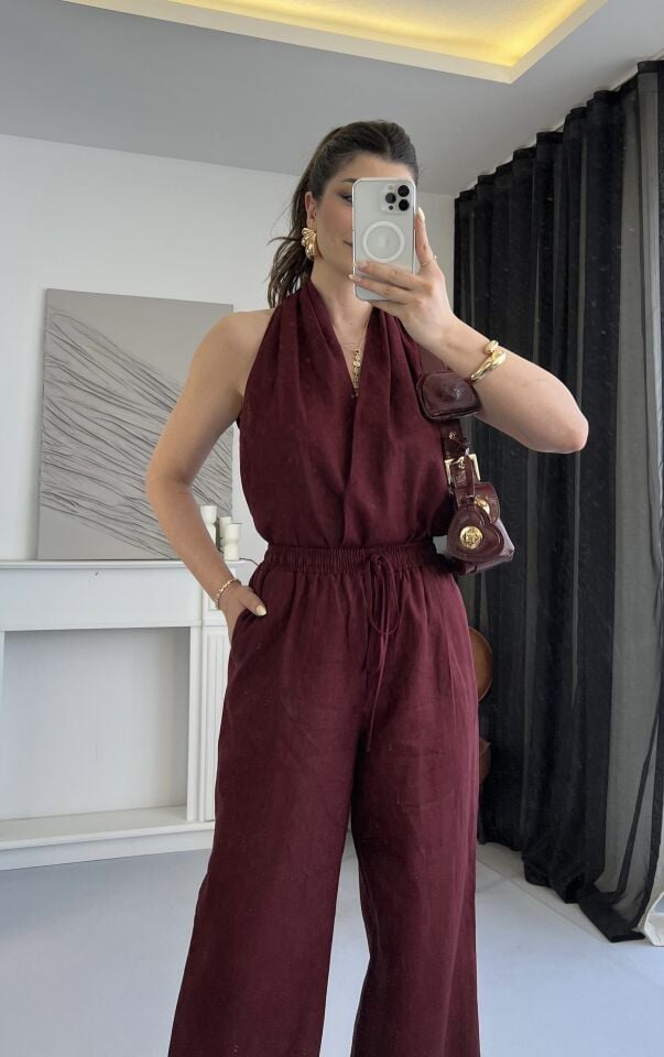 Helen Yaka Ham Keten Bordo Takım