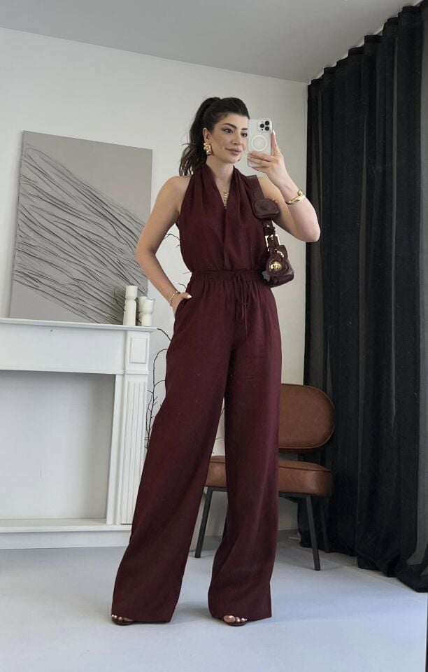 Helen Yaka Ham Keten Bordo Takım