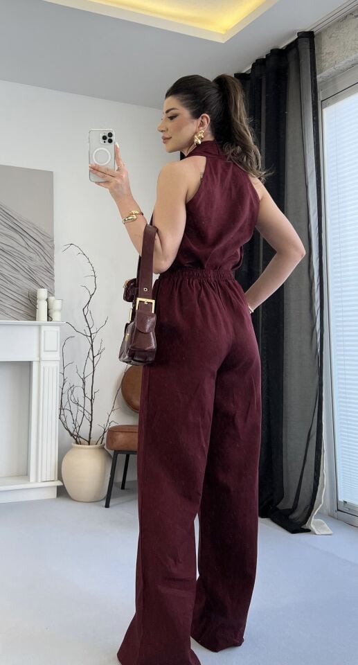 Helen Yaka Ham Keten Bordo Takım