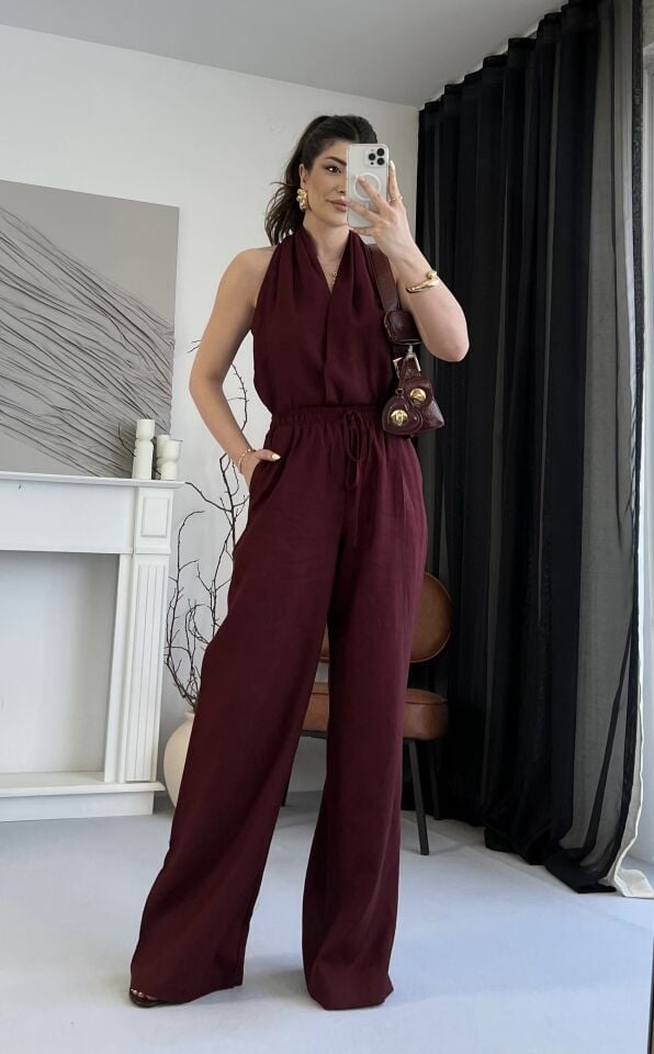 Helen Yaka Ham Keten Bordo Takım
