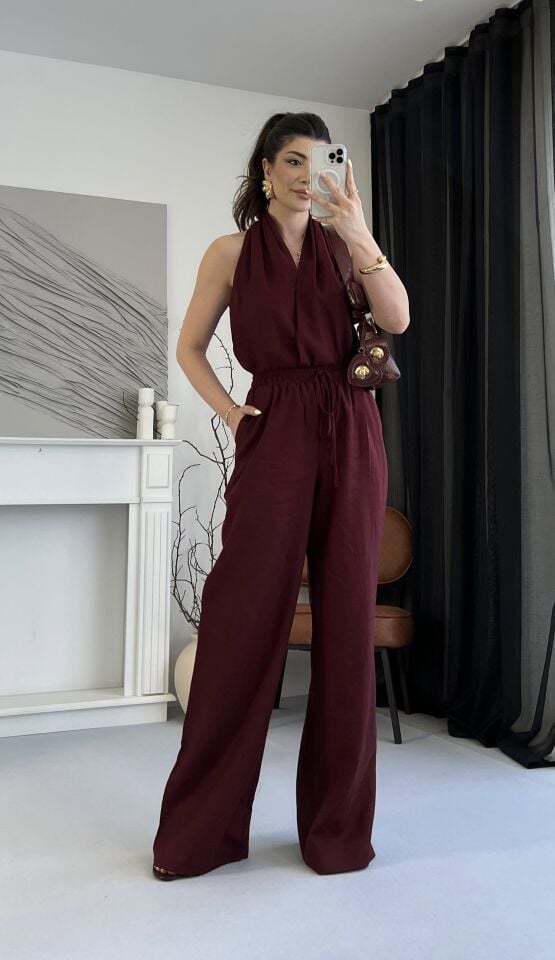 Helen Yaka Ham Keten Bordo Takım