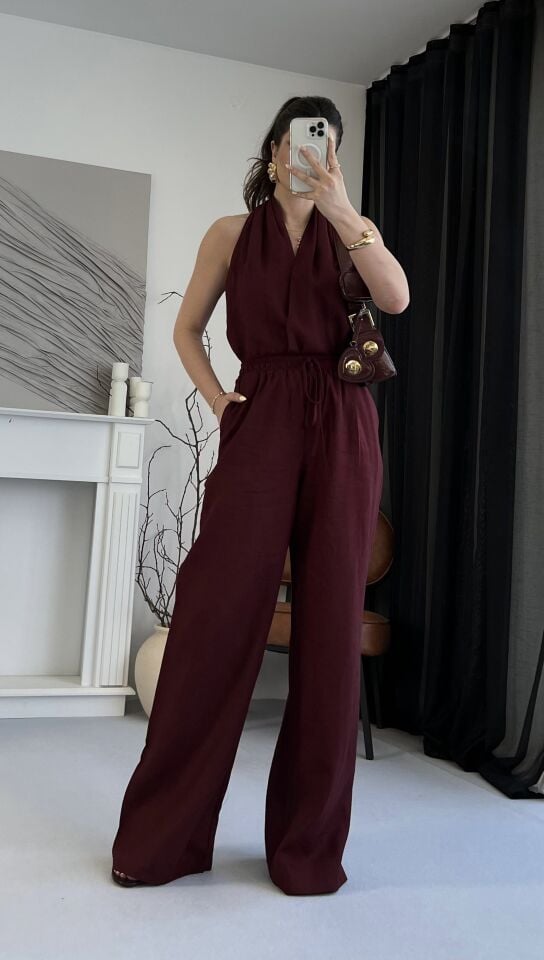 Helen Yaka Ham Keten Bordo Takım