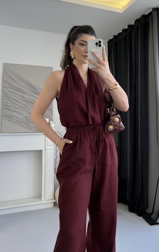 Helen Yaka Ham Keten Bordo Takım