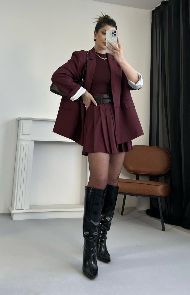 Bordo Çift Kemerli Pileli Etek