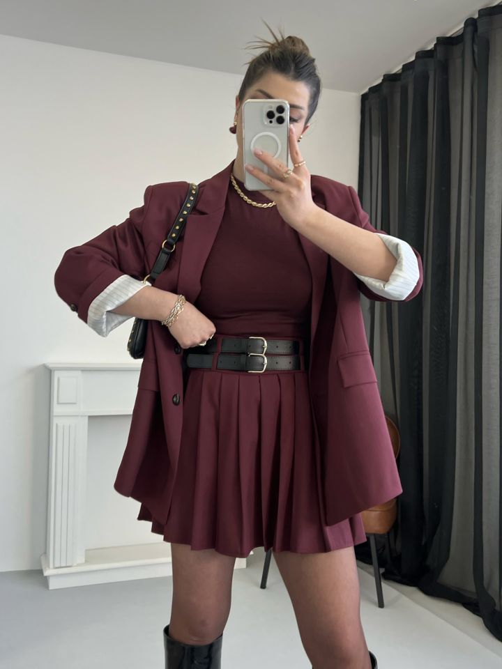 Bordo Çift Kemerli Pileli Etek