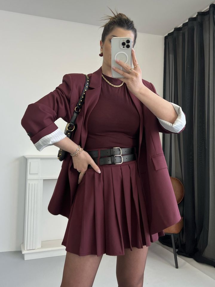 Bordo Çift Kemerli Pileli Etek