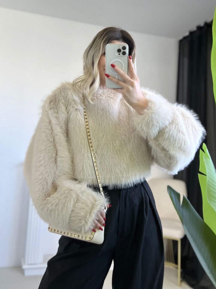 Krem Kürk Detay Crop Bluz