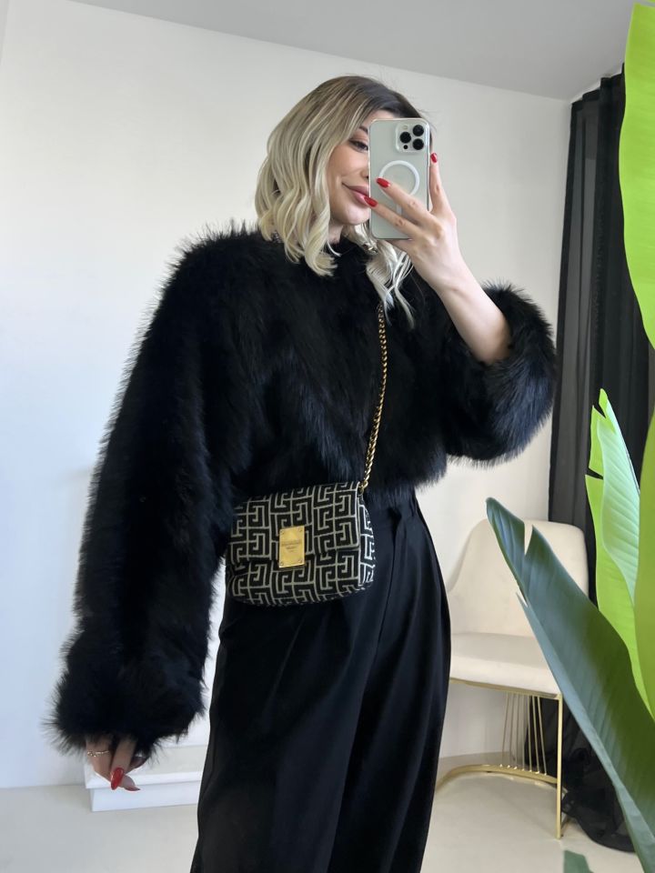 Siyah Kürk Detay Crop Bluz