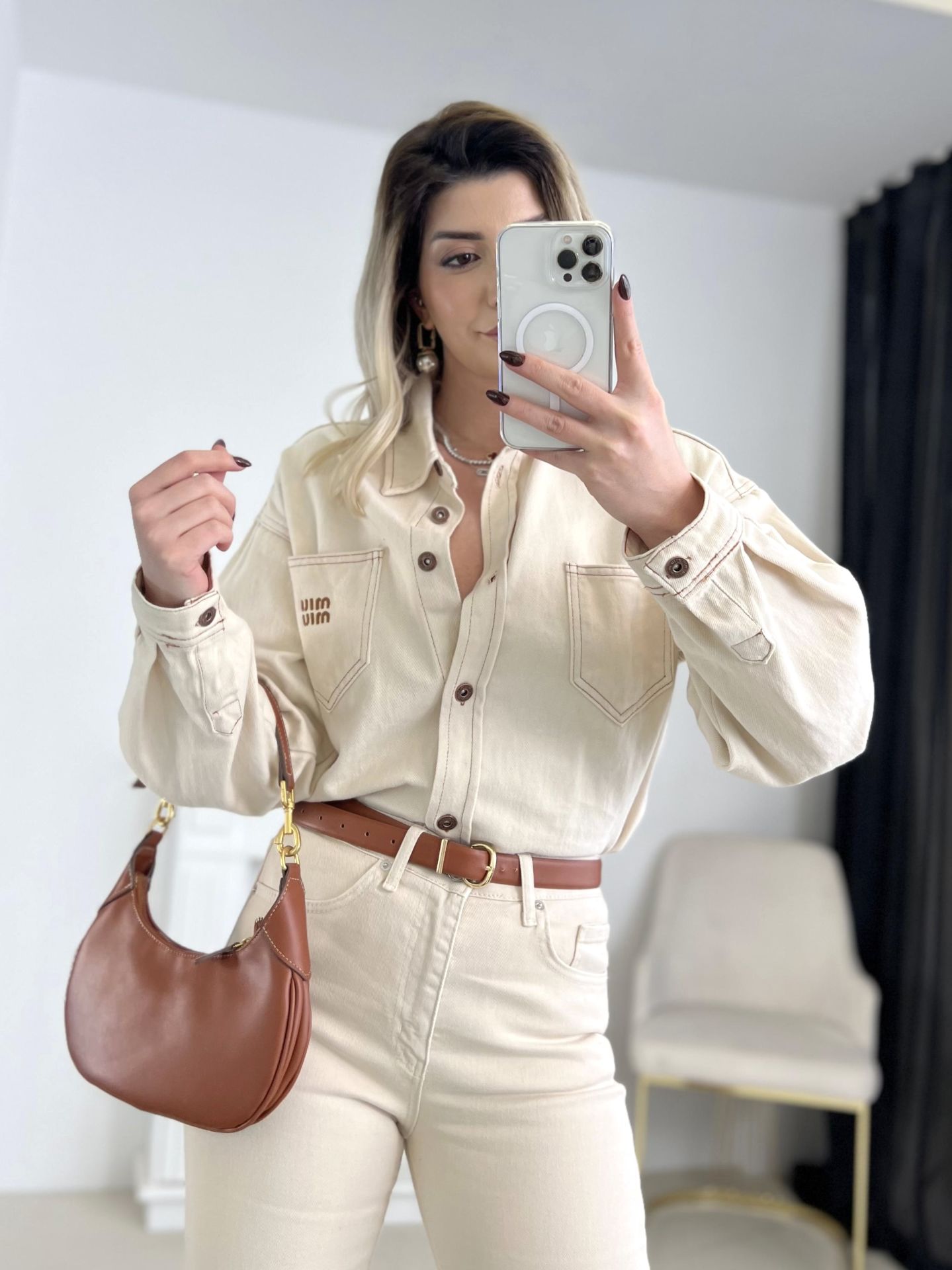 Krem Nakış Detay Jean Ceket