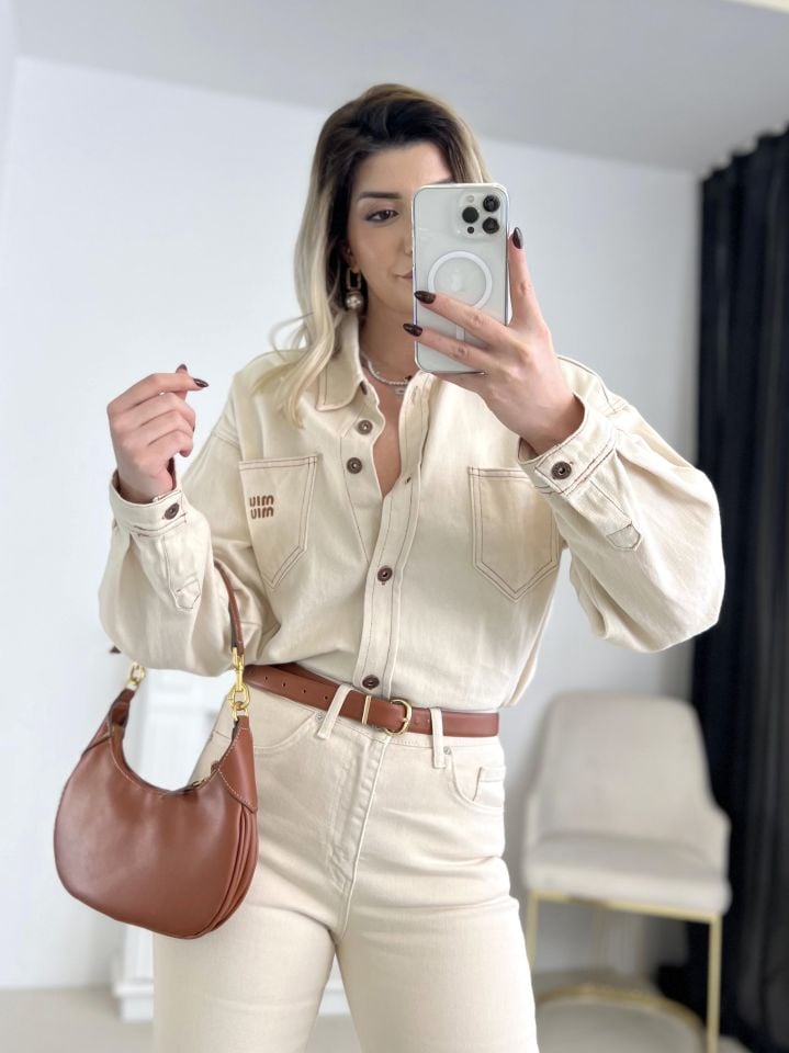 Krem Nakış Detay Jean Ceket