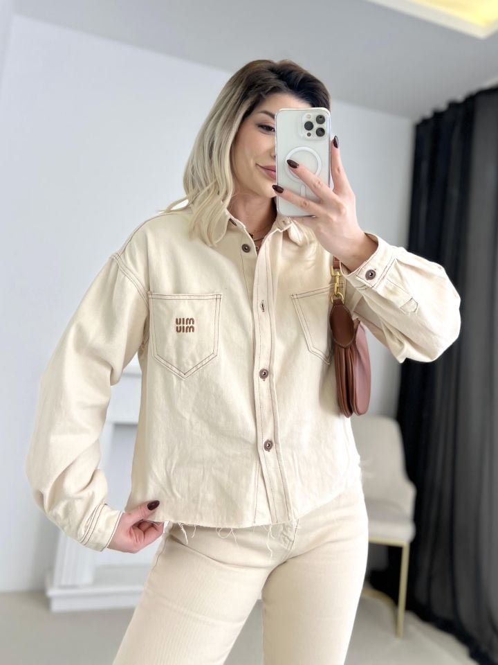Krem Nakış Detay Jean Ceket