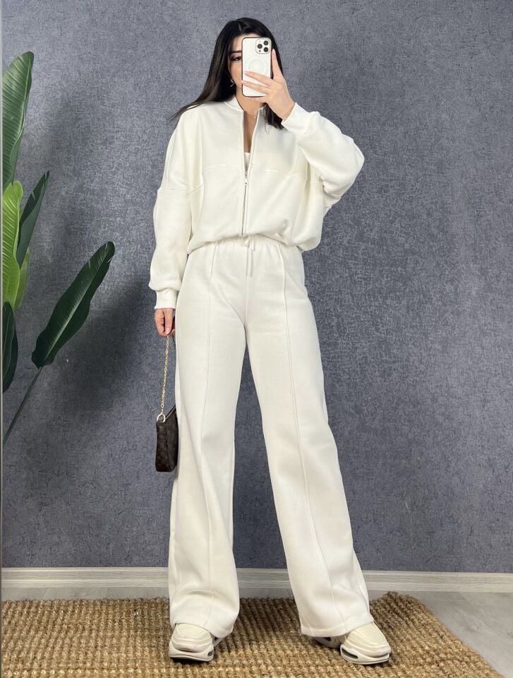 Beyaz Fermuarlı Sweat Pantolon Takım