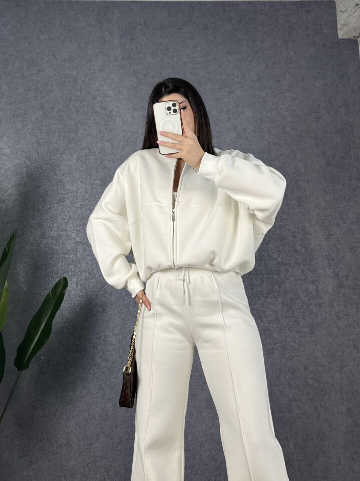 Beyaz Fermuarlı Sweat Pantolon Takım