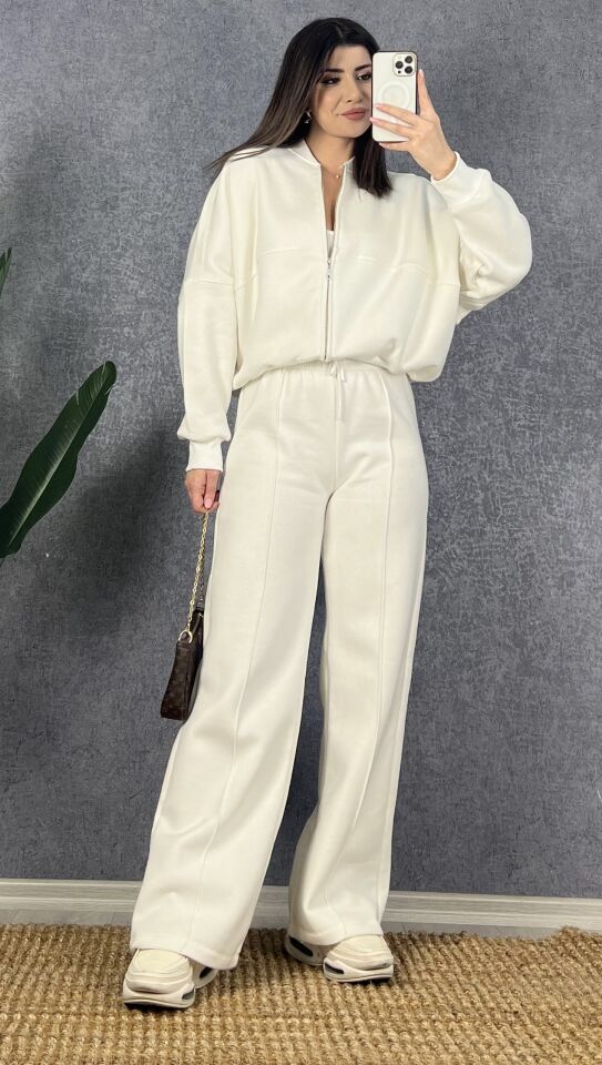 Beyaz Fermuarlı Sweat Pantolon Takım