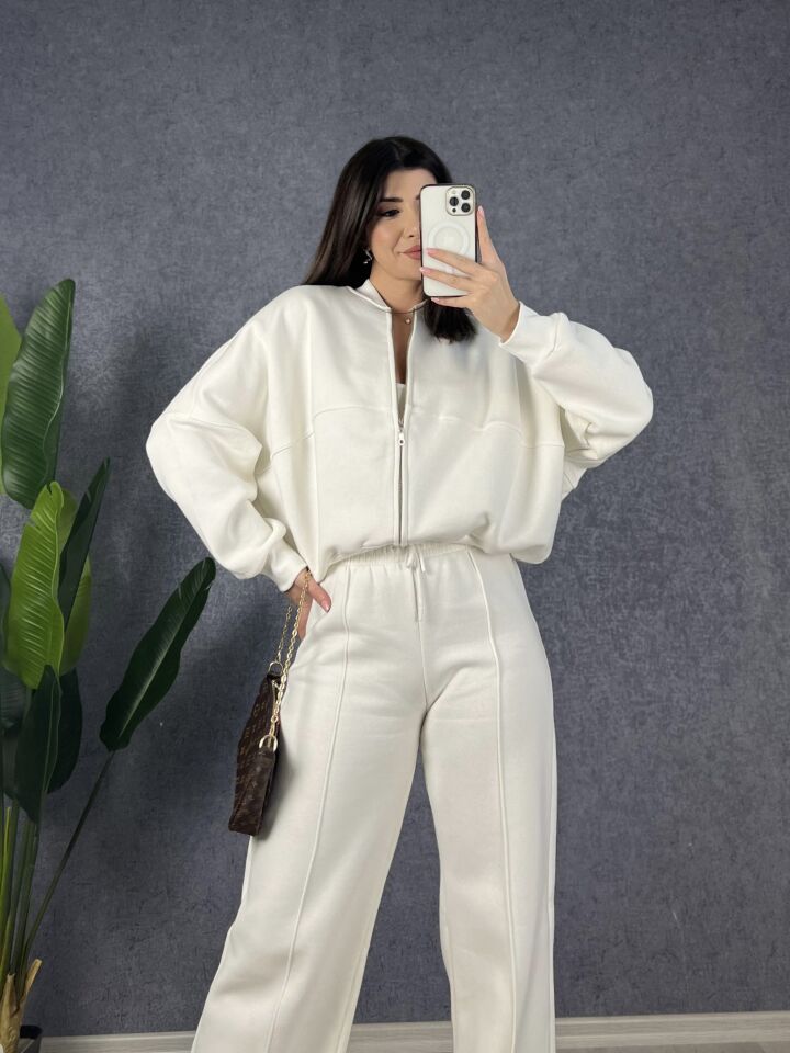 Beyaz Fermuarlı Sweat Pantolon Takım