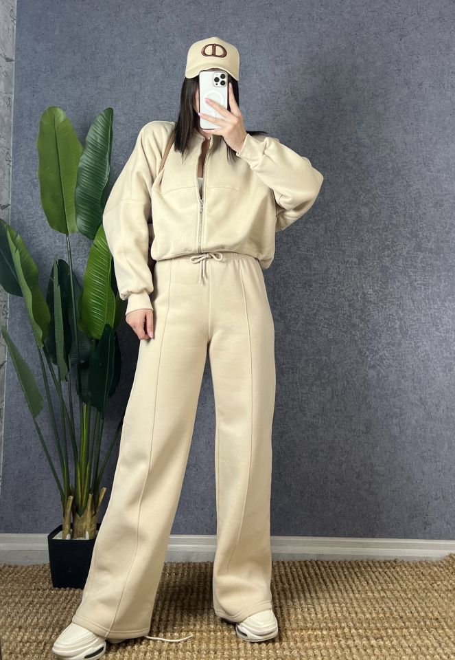 Camel Fermuarlı Sweat Pantolon Takım