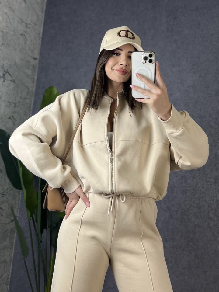 Camel Fermuarlı Sweat Pantolon Takım