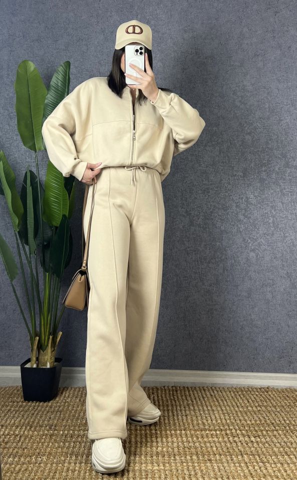 Camel Fermuarlı Sweat Pantolon Takım
