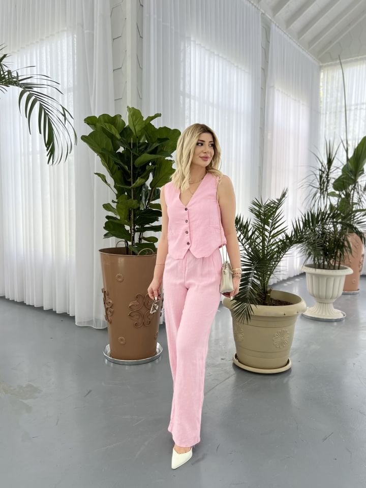 Pembe Keten Yelek Pantolon Takım