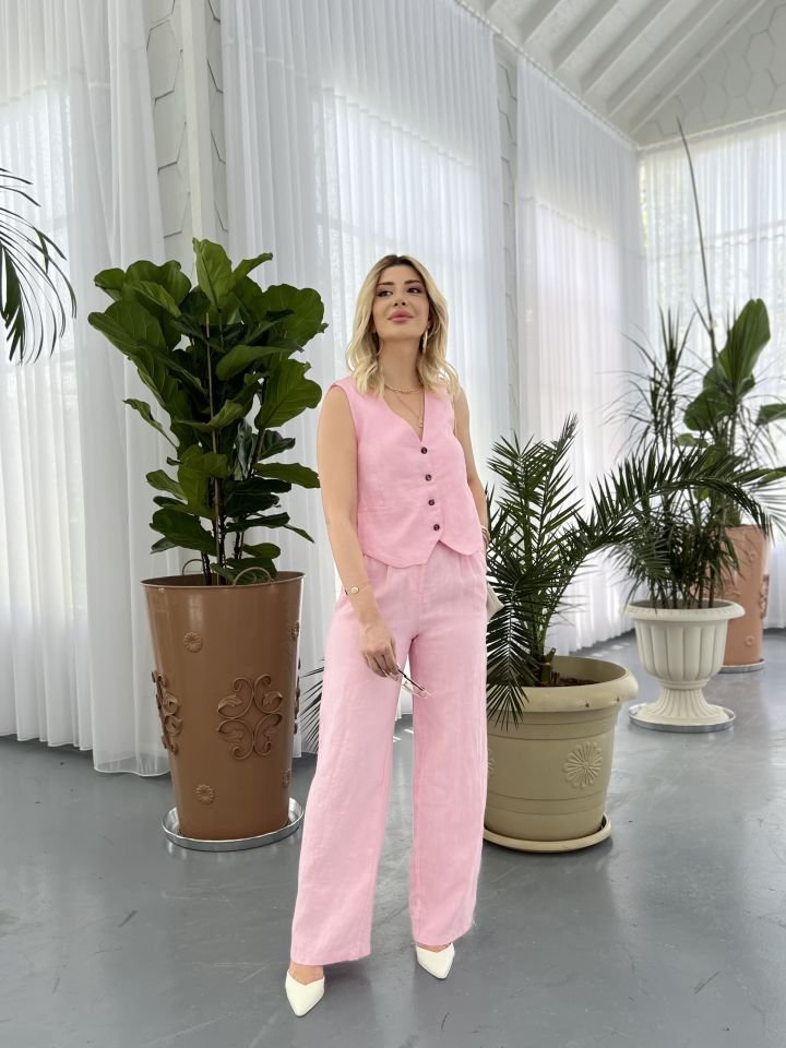 Pembe Keten Yelek Pantolon Takım