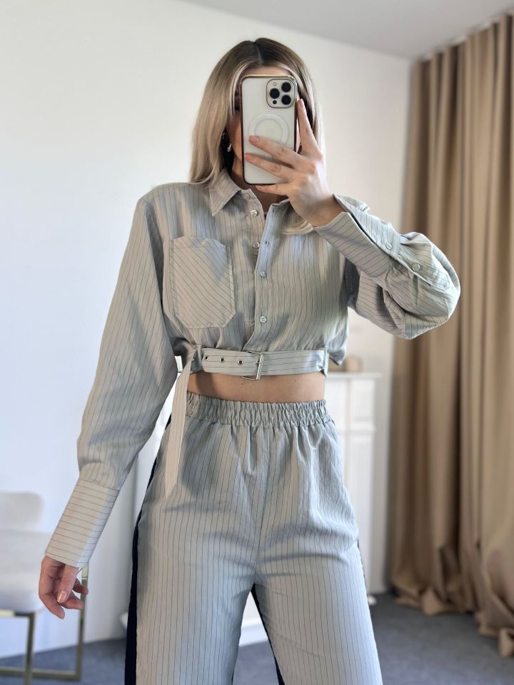 Kemer Detay Çizgili Crop Gömlek