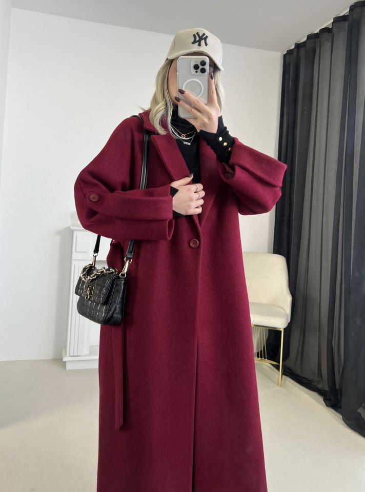 Bordo Kuşaklı Premium Kaşe Kaban