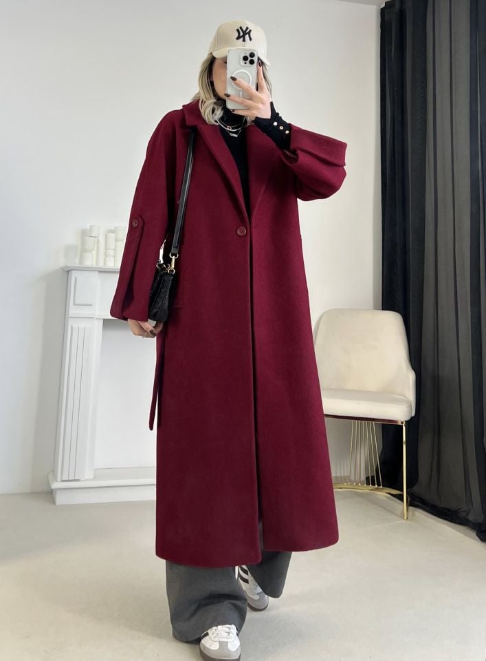 Bordo Kuşaklı Premium Kaşe Kaban