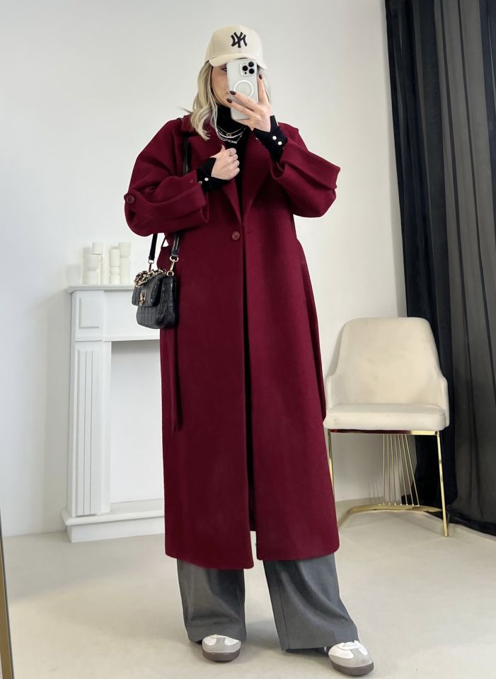 Bordo Kuşaklı Premium Kaşe Kaban