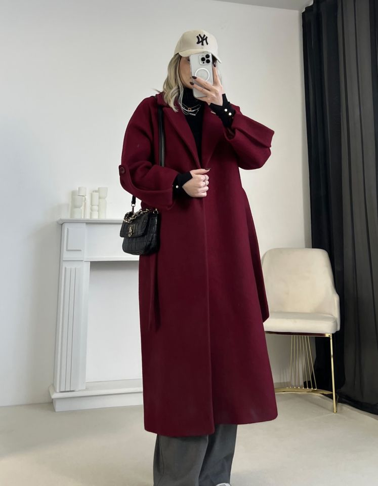 Bordo Kuşaklı Premium Kaşe Kaban