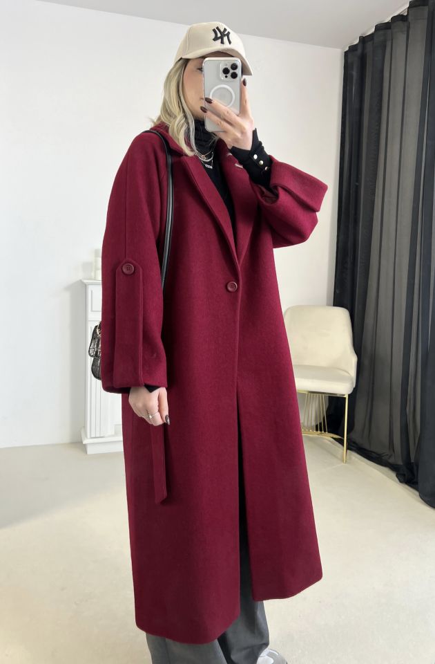 Bordo Kuşaklı Premium Kaşe Kaban