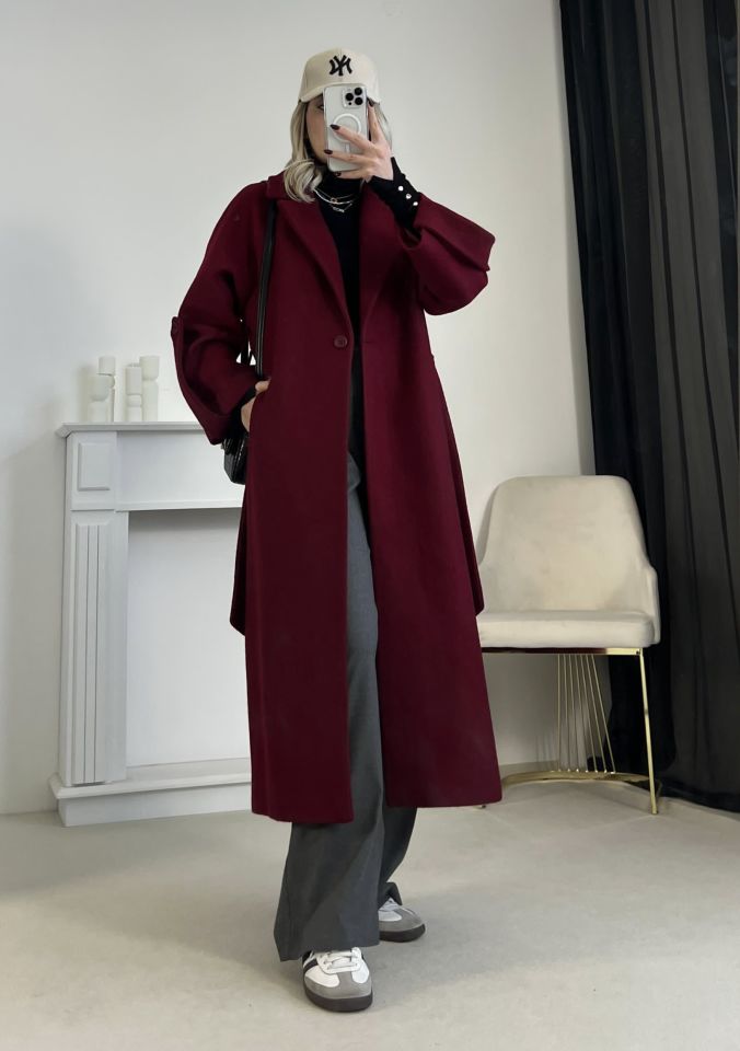 Bordo Kuşaklı Premium Kaşe Kaban