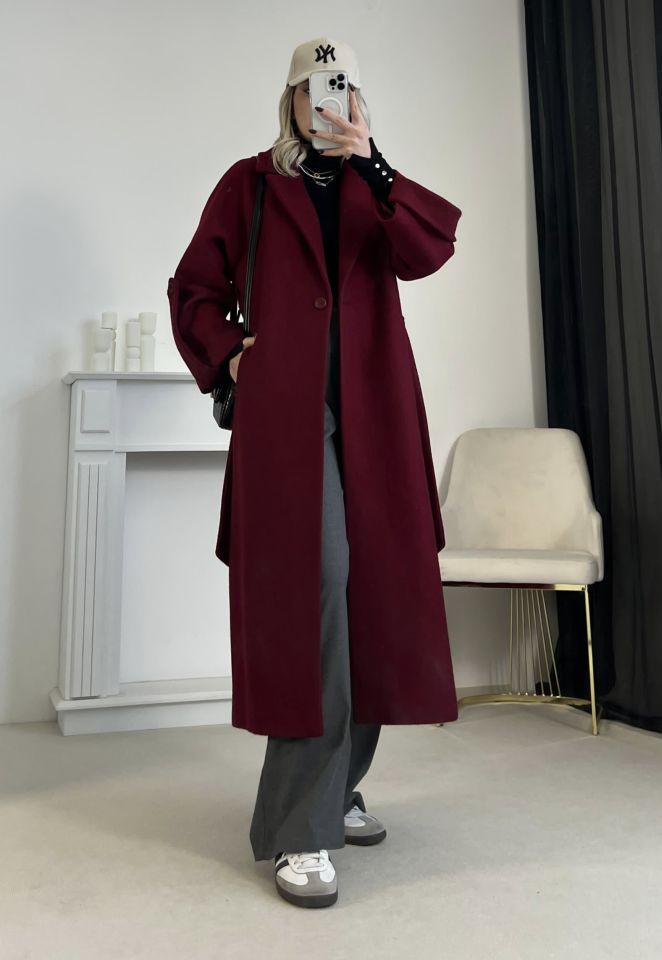 Bordo Kuşaklı Premium Kaşe Kaban