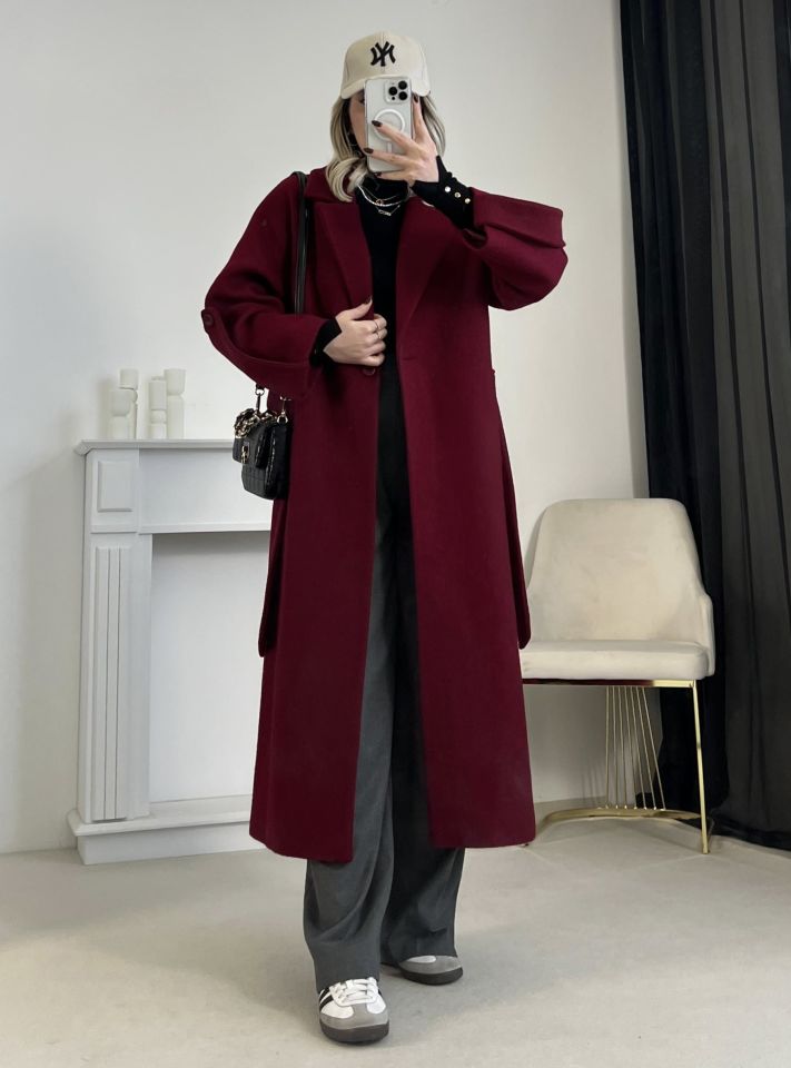 Bordo Kuşaklı Premium Kaşe Kaban