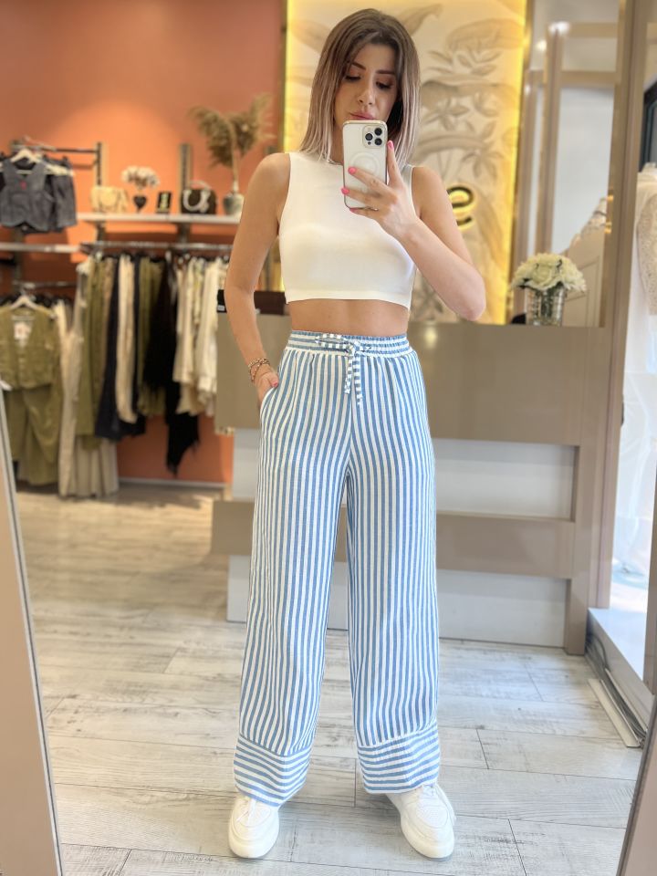 Çizgili Keten Pantolon