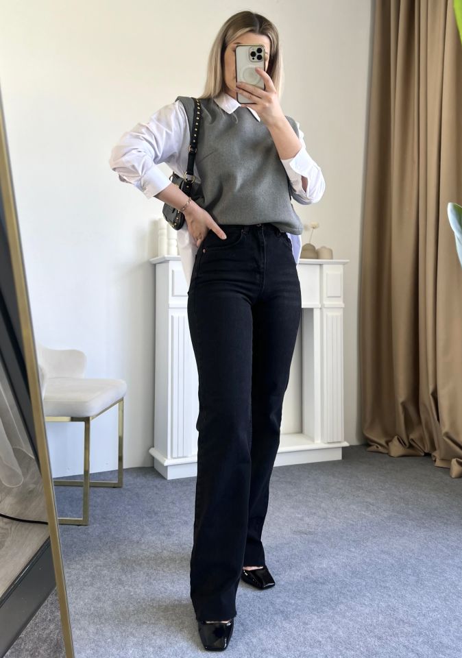 Antrasit Wide Leg Kalıp Jean Pantolon