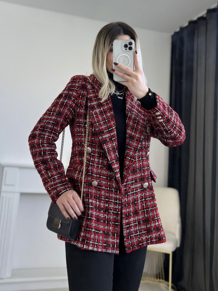 Kırmızı-Siyah Simli Tüvit Blazer Ceket